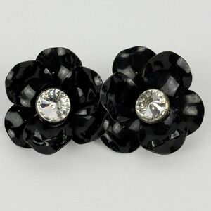 Vintage Black Enamel Flower Clip-On Earrings Rhinestone Center Retro Costume